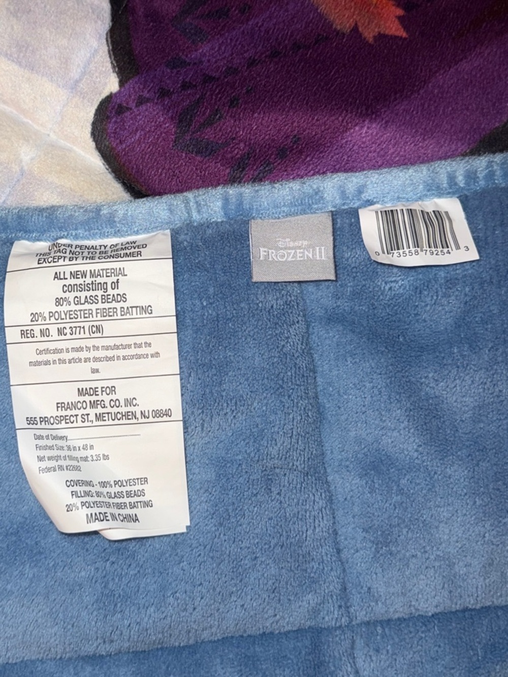 Disney Frozen II Elsa Anna Olaf Blue & Purple Weighted Throw Blanket NWOT - Picture 2 of 4